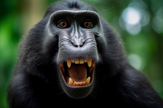 Celebes crested macaque with open mouth Close up on the green natural background Generative AI