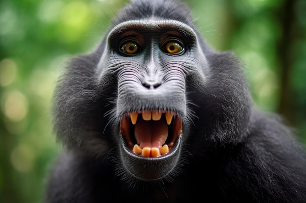 Celebes crested macaque with open mouth Close up on the green natural background Generative AI