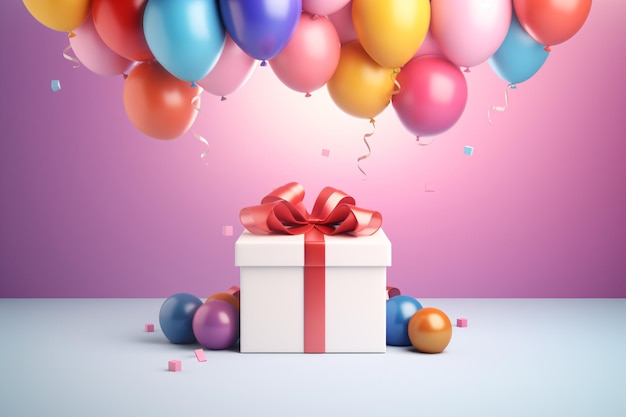 Celebrate any occasion with this festive 3D gift box with balloons Generative AI