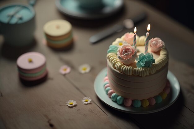 Celebrate birthday cake with candles low light illustration Generative AI