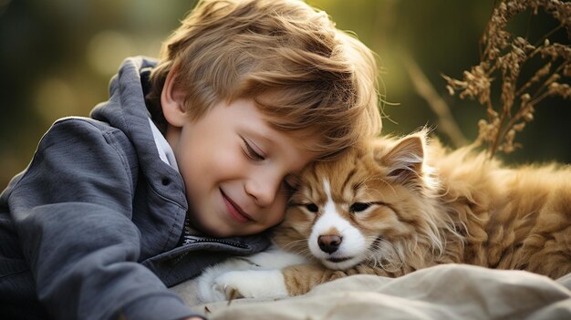 写真 ペットと動物の感動的な写真で 友情を祝います このスナップショットは