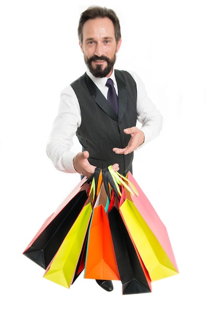 Celebrate corporate anniversary. System bonus benefits. Corporate gift for regular customer. Man bearded businessman formal wear holds bunch gift packages white background. Banking bonus benefits.