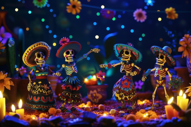写真 鮮やかに装飾された砂糖の頭蓋骨が踊り歌う活気のあるシーンでdia de muertosを祝います
