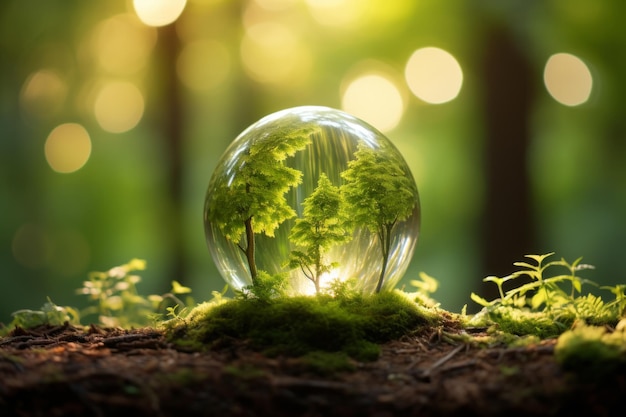 Celebrate Earth Day Serene Green Globe amidst Mossy Forest with Beautifully Defocused Sunlight