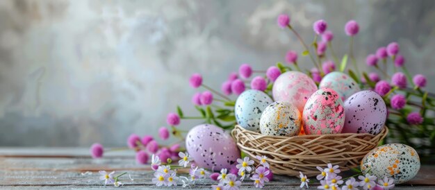Celebrate easter in a festive setting with colorful easter eggs and flowers