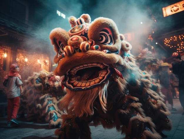 Celebrate the festive Chinese New Year with Lion dance Barongsai in the middle of the crowd