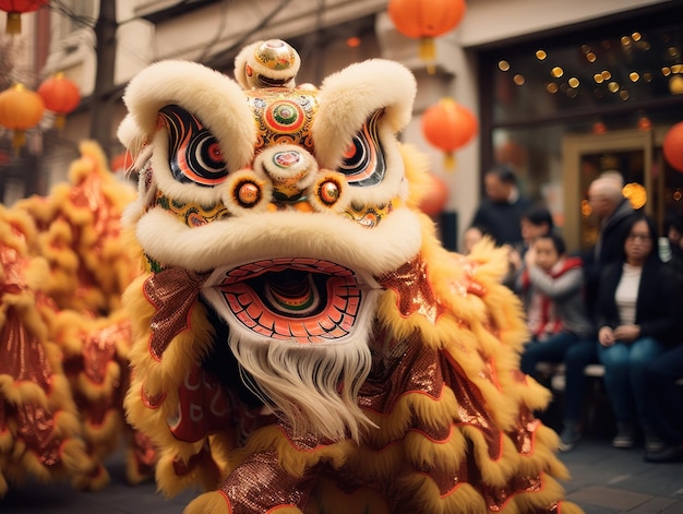 Celebrate the festive Chinese New Year with orange Lion dance Barongsai in the middle of the crowd