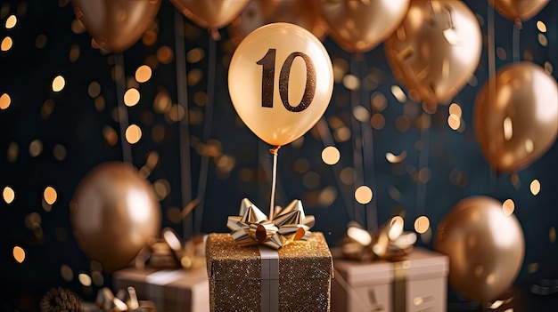 Celebrate a happy 10th birthday with gold surprise balloons and a gift box