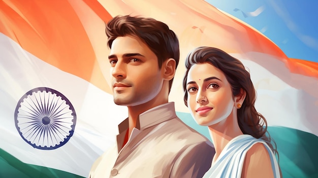 若いカップルと象徴的なインド国旗でインド独立記念日を祝う