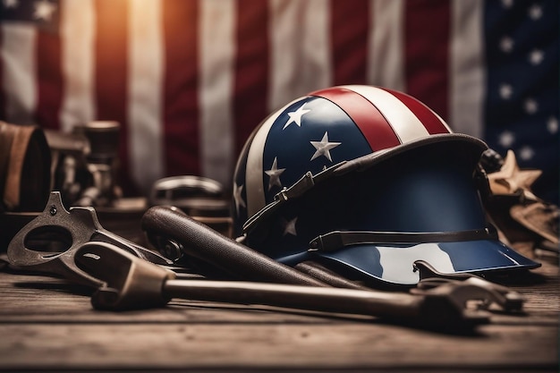 Фото Отпраздновать день труда с американским флагом и рабочими инструментами