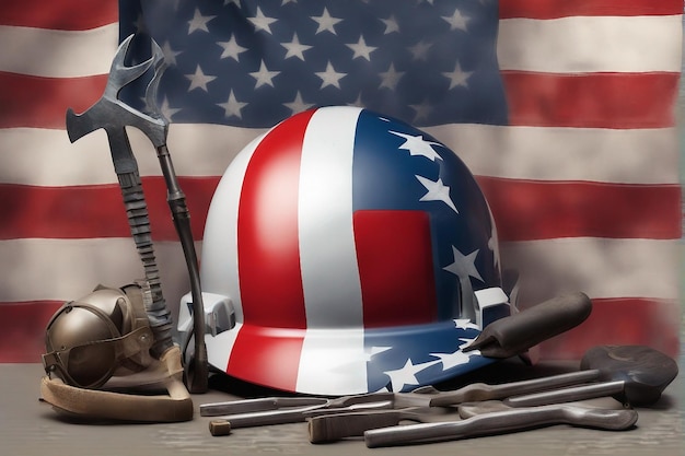 celebrate labour day with american flag and workers tools