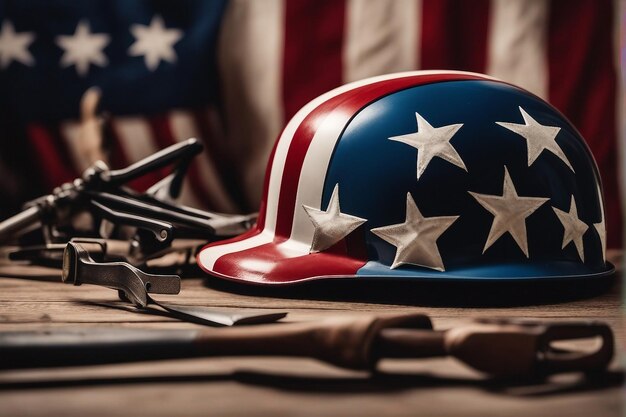 Photo celebrate labour day with american flag and workers tools