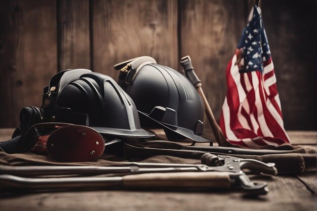 отпраздновать День труда с американским флагом и рабочими инструментами