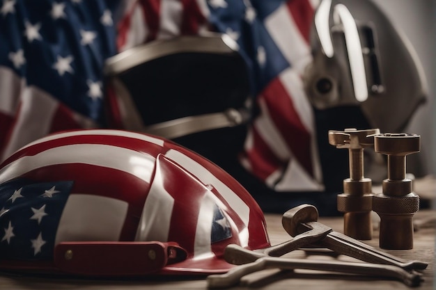 労働者の日を祝う アメリカ国旗と労働者の道具
