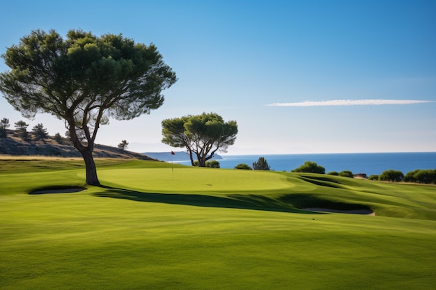 Foto celebra la radiosa bellezza di un campo da golf ben tenuto sotto un cielo da sogno