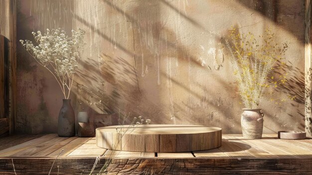 Celebrate simplicity with a charming rustic wooden 3D podium harmonizing in a cozy warm ambiance for natural and inviting product displays 3d background podium