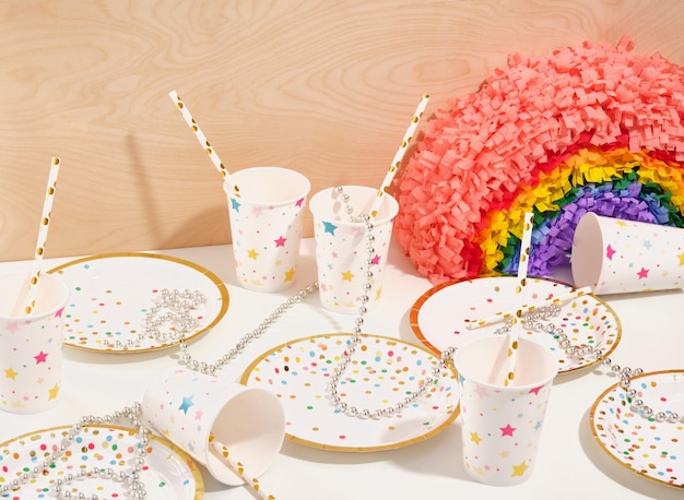 Photo celebrate table on a birthday party holiday plates confetti and paper cups with pictures of stars colorful pinata rainbow