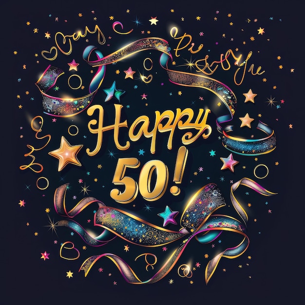 Celebrating 50 happy text in festive font marking a joyful milestone perfect for birthday invitations anniversary announcements or celebratory designs with a cheerful and vibrant theme
