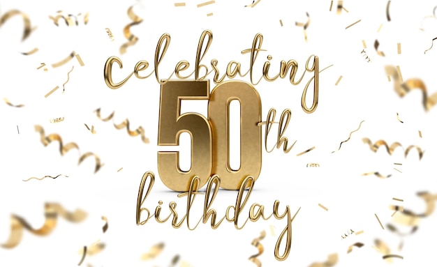 Celebrating 50th birthday gold greeting card with confetti 3D Rendering