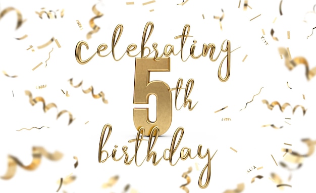 Celebrating 5th birthday gold greeting card with confetti 3D Rendering