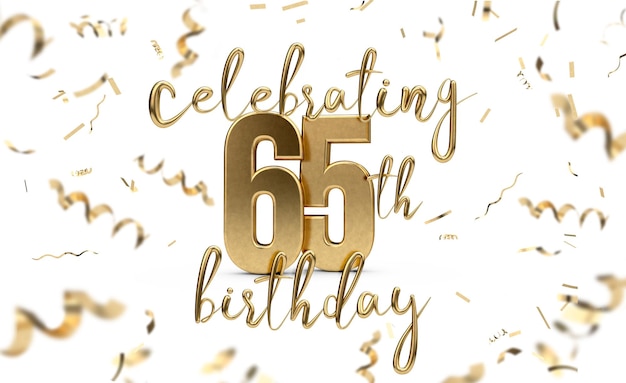 Celebrating 65th birthday gold greeting card with confetti 3D Rendering