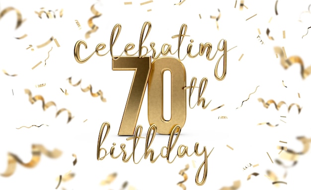 Photo celebrating 70th birthday gold greeting card with confetti 3d rendering