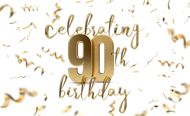 Celebrating 90th birthday gold greeting card with confetti 3D Rendering