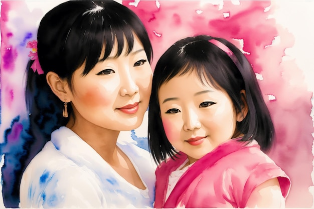 Празднование азиатских семейных традиций Азиатский мальчик азиатская девочка Азиатская мать и дочь Генеративный ИИ
