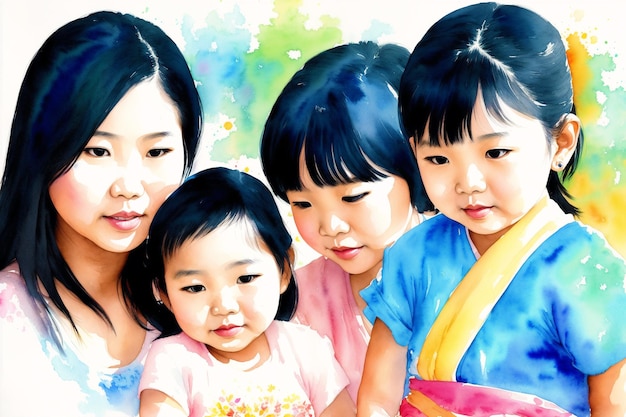 Photo celebrating asian family traditions asian boy asian girl asian mother and daughter generative ai