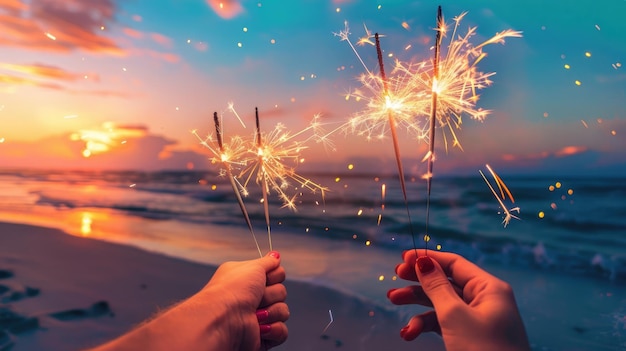 Celebrating on the beach sparklers in hand with ocean fireworks at dusk