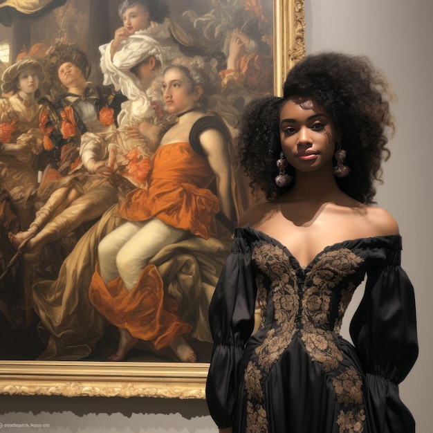 Photo celebrating black beauty a stunning black woman in baroque dress enveloped by the timeless art of