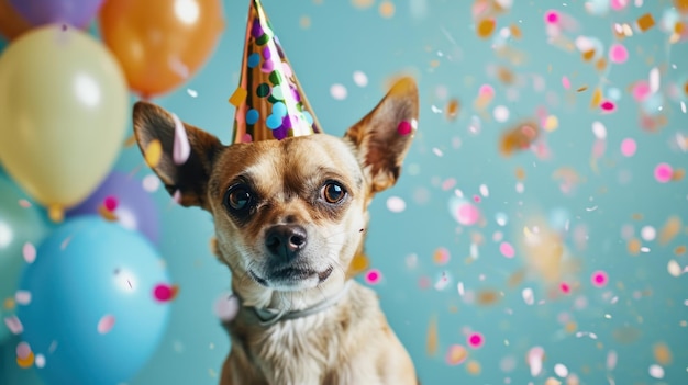 Celebrating Canine Fun A Playful Pooch in a Party Hat Surrounded by Colorful Balloons