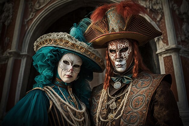 ヴェネツィアのカーニバルを祝う お祭りの仮面と衣装を着た人々