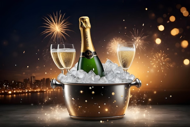 Celebrating champagne bottle and glasses and fireworks background