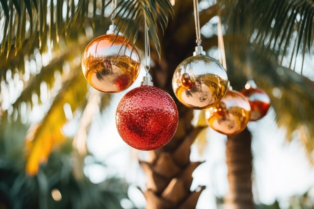 Фото Празднование рождества и нового года в жарких странах пальмовые деревья с рождественскими огнями и украшениями