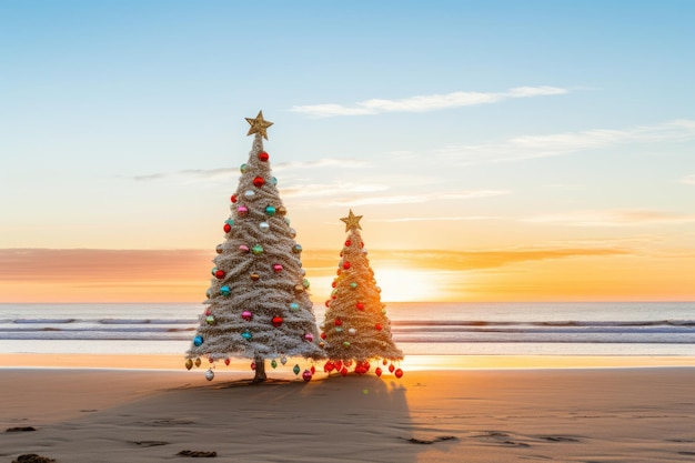 Photo celebrating christmas and new year in hot countries christmas tree with lights on the beach at sunse