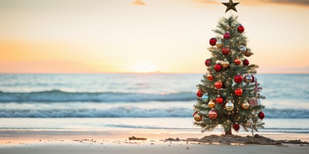 Celebrating christmas and new year in hot countries christmas tree with lights on the beach at sunse