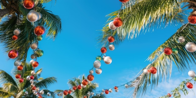 Celebrating christmas and new year in hot countries palm trees with christmas lights and decorations