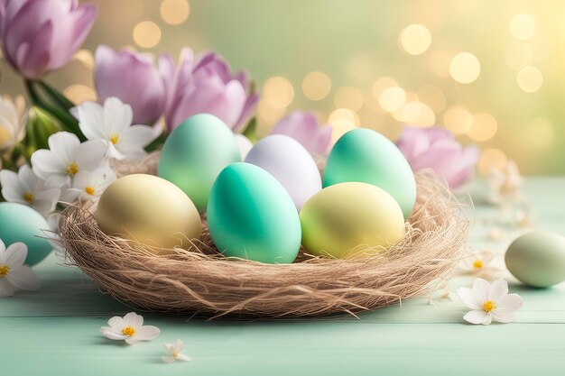 Celebrating Easter holiday greeting card mockup with light bokeh flowers and colored eggs