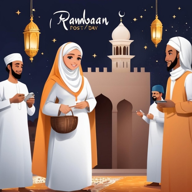 이드 알 피트르를 축하하는 전통적인 이슬람 일러스트레이션과 라마단 반성
