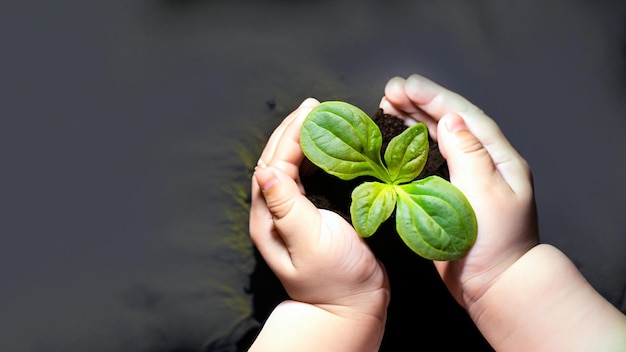 成長 を 祝う 魅力 的 な 写真 若い 緑 の 植物 を 握っ て いる 手 の 写真