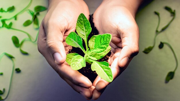 Celebrating Growth Captivating Photo of Hands Holding a Young Green Plant Embrace the Beauty