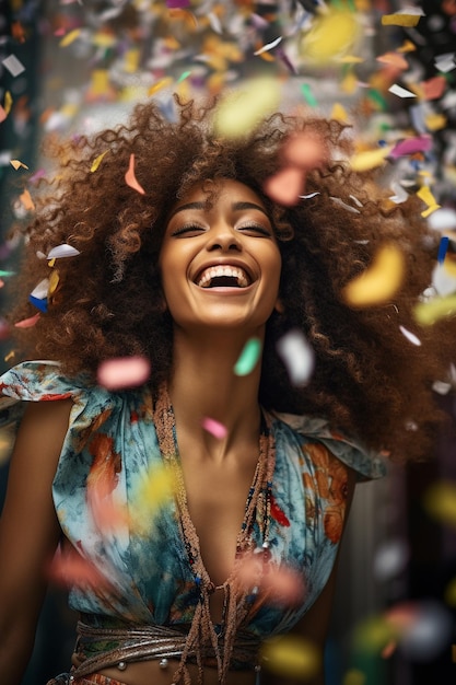 Celebrating happiness young woman afro hair with big smile throwing colorful confetti