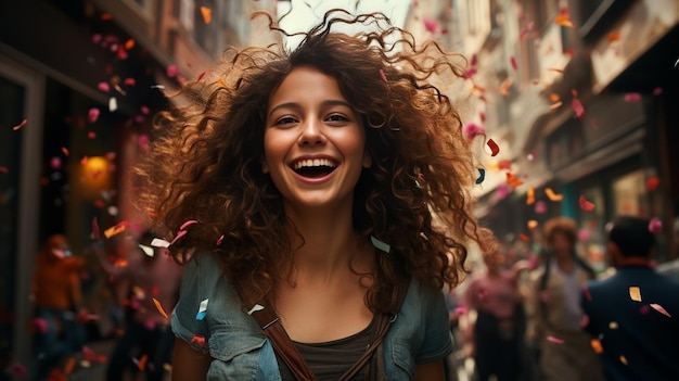 Celebrating happiness young woman with big smile throwing confetti Generative AI