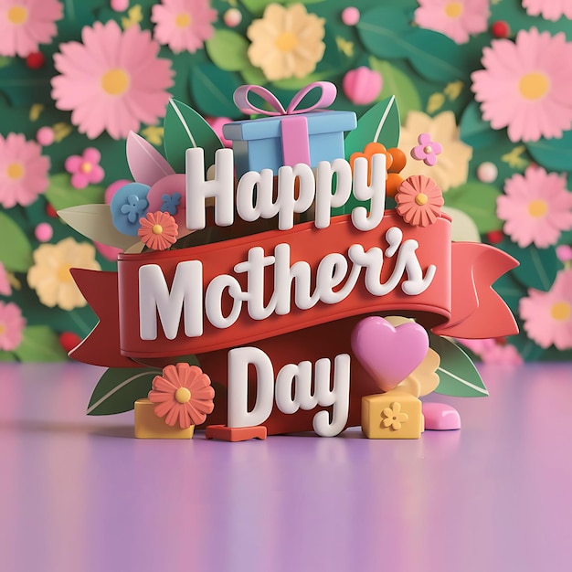 Celebrating Happy Mothers Day with gift box heart and flowers through greeting card