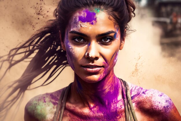 Celebrating Holi's color holiday Generative AI A cheerful girl poses smeared with multicolored powder Closeup of the face