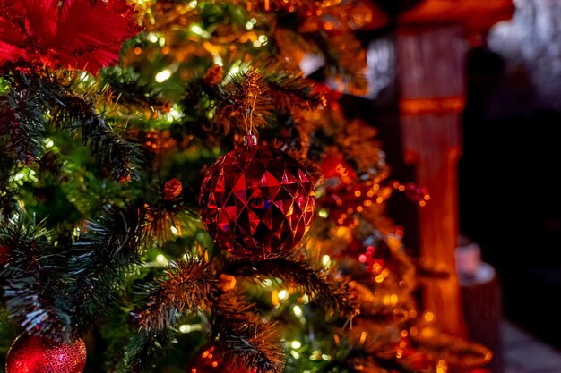 Celebrating holiday indoor interior. Beautiful decorated christmas tree in house.