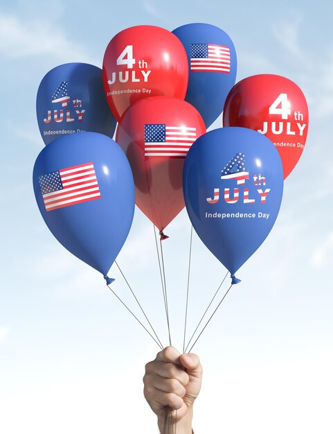 7월 4일 독립기념일을 기념하는 손을 든 풍선 몇 개