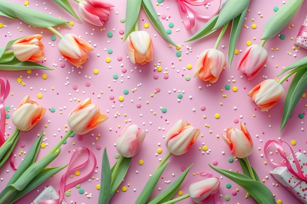 Celebrating International Womens Day with a flatlay of white floral arrangements vibrant tulips gift boxes and confetti on a soft pink backdrop