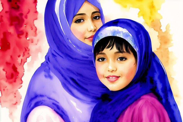 Celebrating the muslim Family Legacy muslim boy muslim girl muslim mother and daughter Generative AI